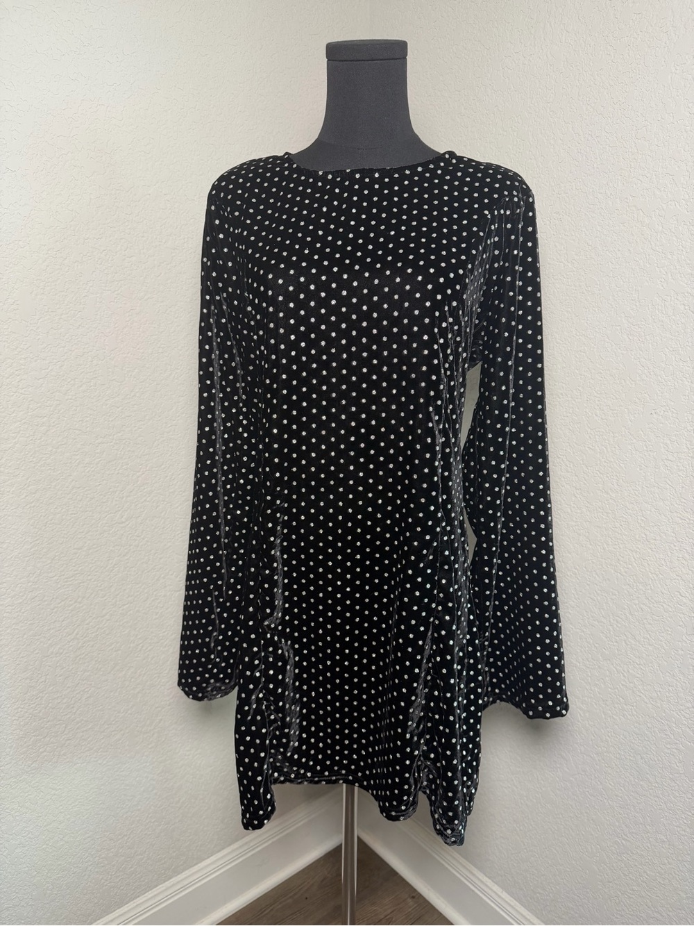 Koko+Mason Black Polka Dot Long Sleeve Velvet-Look Dress